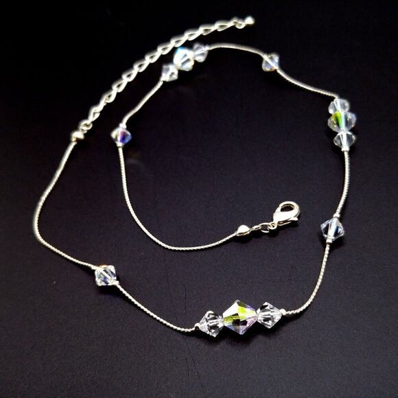 Aurora Borealis Crystal Bicone Bead Necklace, Rhodium Plated Chain, 19 Inches - Picture 8 of 10